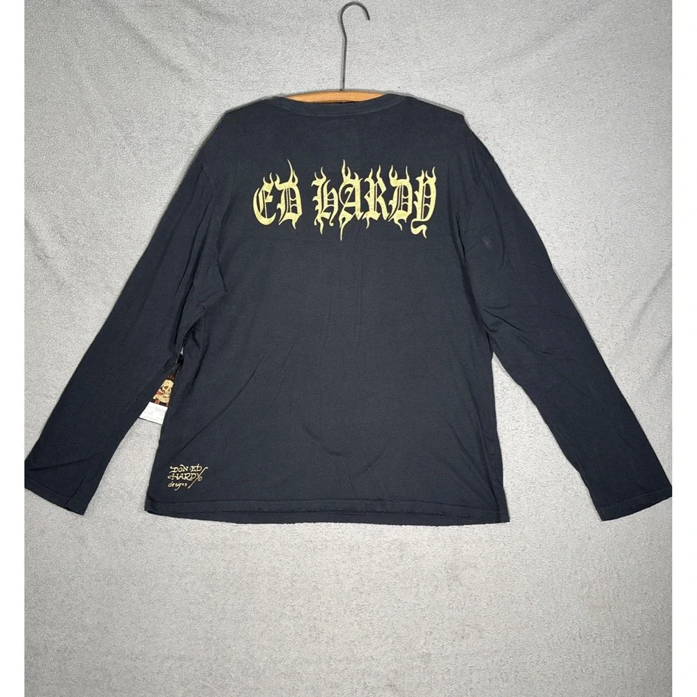 Ed Hardy Love Kills Slowly Long Sleeve Shirt Black Rhinestone Skull XL‎ NWT